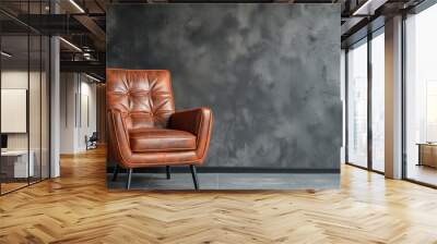 Modern interior design background with retro leather chair on gray wall with copy space Wall mural