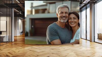 Smiling senior couple embracing in front of their modern house, with copy space for text Wall mural