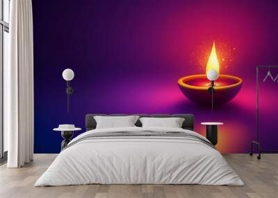 Vector illustration of Diwali background on a purple and blue gradient color, with a golden oil lamp glowing in the dark Wall mural