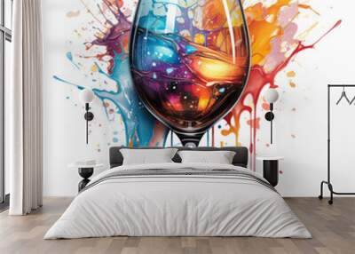 A cosmic watercolor wine glass T-shirt design, depicting a wine glass suspended within a cosmic, Generative Ai Wall mural