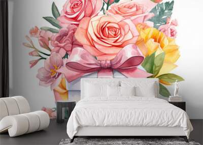 Birthday gift box and rose Illustration, Generative Ai Wall mural