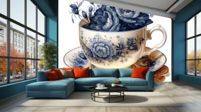 Watercolor teacup with flowers Illustration, Generative Ai Wall mural