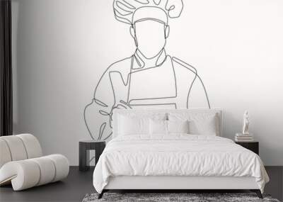 Single one line drawing of young happy attractive male chef,  vector illustration minimalism style. Wall mural