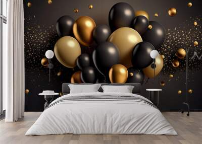 Black and gold balloons on a black background with confetti. 3d illustration. generative ai Wall mural