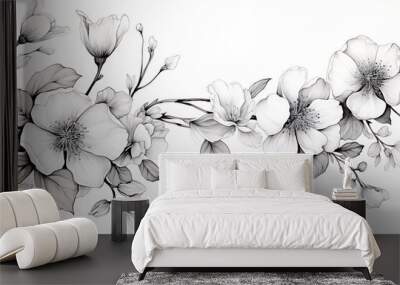 black and white cosmos flower bouquet on white background with copy space Wall mural