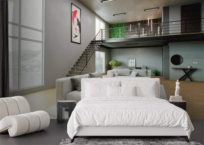 Bright interior space with two floors and modern decoration 3d render Wall mural