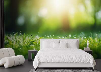  beautiful wide-format photo of green grass close-up in an early spring or summer morning  Wall mural