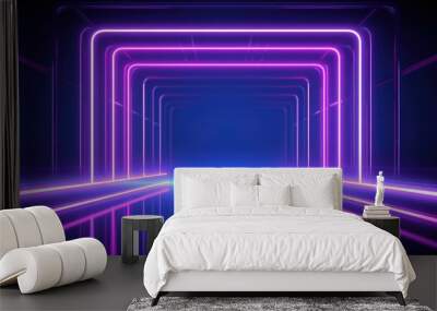 3d abstract neon background, square arch, pink blue glowing lines, futuristic gates construction  Wall mural