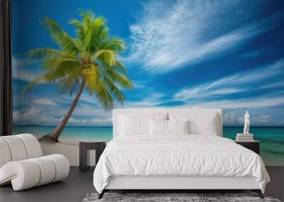 Beautiful palm tree on tropical island beach on background blue sky with white clouds and turquoise ocean on sunny day Wall mural