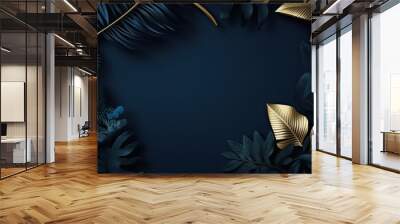 Dark background frame with tropical leaves and flowers adorned with golden highlights  Wall mural