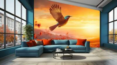 free bird enjoying nature on sunset background, hope concept Wall mural