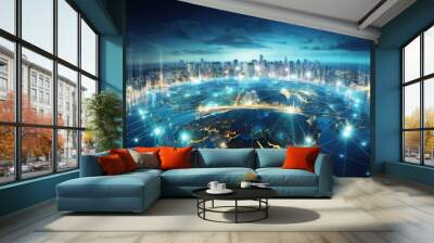 Global world network and telecommunication on earth. Communication technology background  Wall mural