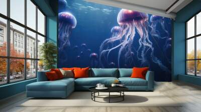 Jellyfish in the sea underwater, dark ocean Wall mural