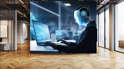 Machine learning, Businessman use tablet and synchronize with structure of brain Artificial Intelligence (AI) on network for working in the futuristic business, Coding and software development concept Wall mural