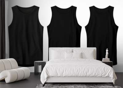 Set of black front, back and side view sleeveless tee t shirt tank singlet round neck on transparent background. Mockup template for artwork Wall mural