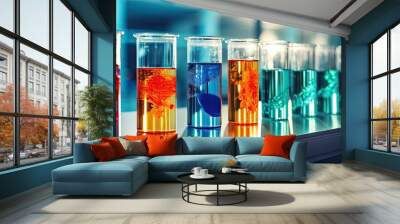 test tubes with liquids in different colors in a laboratory, a laboratory team working in the backgr Wall mural