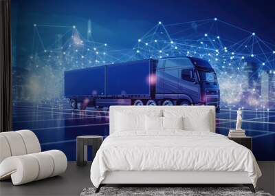 Transportation and logistic network distribution growth. Container cargo ship and trucks of industrial cargo freight for shipping. Business logistic import export and transport industry Wall mural