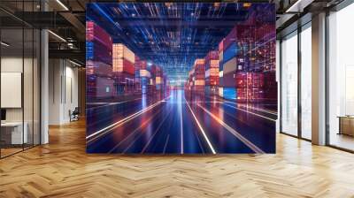 Cargo container with light trails on the road at night. Logistics and transportation concept. Wall mural