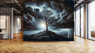 A striking image of a tree in a lightning storm with dark clouds and flashes of electricity, symbolizing courage and fortitude. Emphasizes nature’s survival.  Wall mural