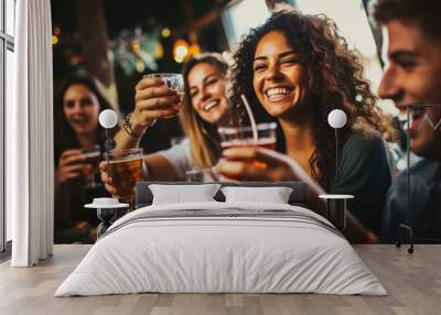 A diverse group of friends celebrating at a bar or restaurant, drinking cocktails and having a good time on a weekend day Wall mural