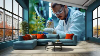 A man in a lab coat is working with a plant Wall mural