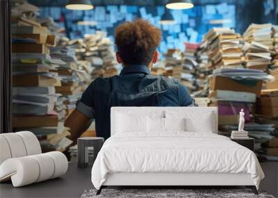 A person surrounded by stacks of papers, overwhelmed by work, resembling a low battery state. Wall mural