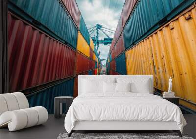 A row of colorful shipping containers are stacked in a warehouse Wall mural