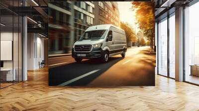 A white van driving through city streets. Moving and delivery concept. Wall mural