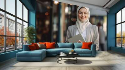 A woman of Turkish appearance in a light - colored business suit, smiling, holding a folder in her hands. Image ai generate. Generative AI Wall mural