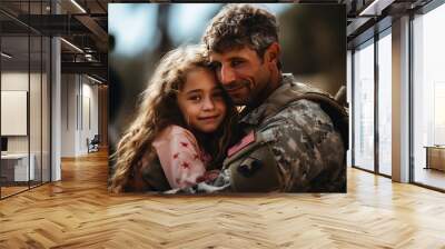 An affectionate reunion between a military father and his daughter. Wall mural