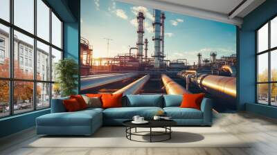 An industrial refinery at night, its towering steel structures. Representing the heart of the petroleum and chemical industry Wall mural