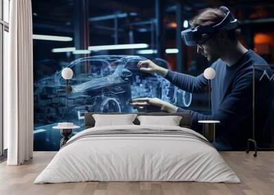 Automotive engineer working on 3D prototypes of electric cars using VR (Virtual Reality). Wall mural