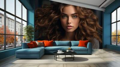 Beautiful model girl with long wavy and shiny hair. Brunette woman with curly hairstyle. Generative AI Wall mural