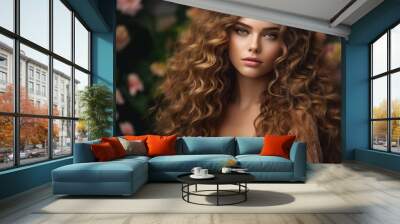 Beautiful model girl with long wavy and shiny hair. Brunette woman with curly hairstyle. Generative AI Wall mural