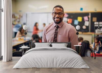 Black teacher teaching a lesson in a classroom full of students. Back to school and learning concept Wall mural