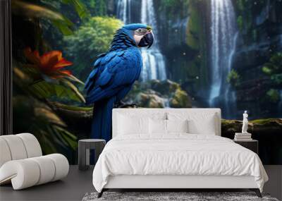 Blue parrot in the forest sitting on a branch Wall mural