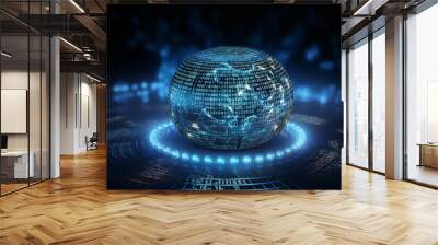 Bright Python programming language code on a digital blue surface with an overlay of sphere grid design infographics. Wall mural