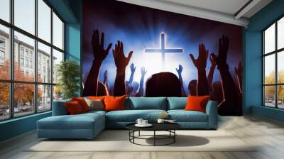 Church worship concept: Christian worship in front of a cross. Image ai generate Wall mural