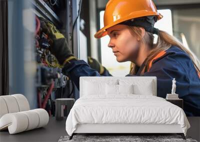 Commercial electrician working on a fuse box, adorned with safety equipment, Wall mural