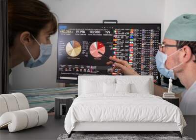 doctors and nurses looking at the data and graphics of coronavirus cases, affected and deaths in the Wall mural