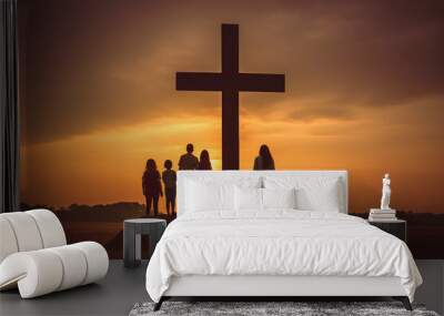 Family standing next to a cross at sunset. Worship concept.Image ai generate Image ai generate Wall mural