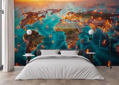 Illuminated network on a world map, glowing nodes and connections, global connectivity. Wall mural