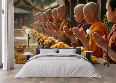 Line of Asian monks in saffron robes, praying with flowers in a ceremony. Wall mural