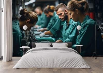 Male seamstress workers in a textile factory operating industrial sewing machines. Wall mural