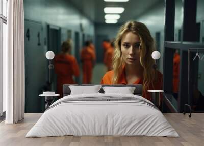 One female prisoner in orange uniform stands behind metal bars Wall mural