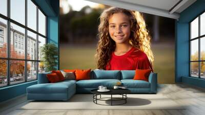 Portrait of teenage girl in red uniform holding soccer ball and smiling Wall mural