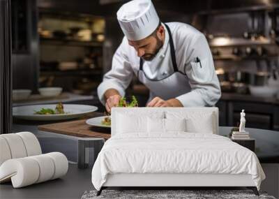 Professional male chef in a kitchen making an elaborated dish Wall mural