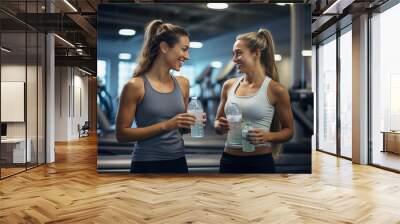 Sportive women talking in a gym while drinking water Wall mural