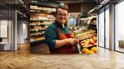 Store employee with down syndrome working in a produce store selling stuff Wall mural