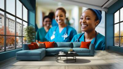 Team of nurses with different ethnicities in the hospital Wall mural